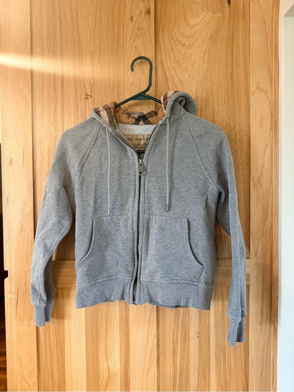 Burberry Check Trim Cotton Zip Hoodie, small, pale grey